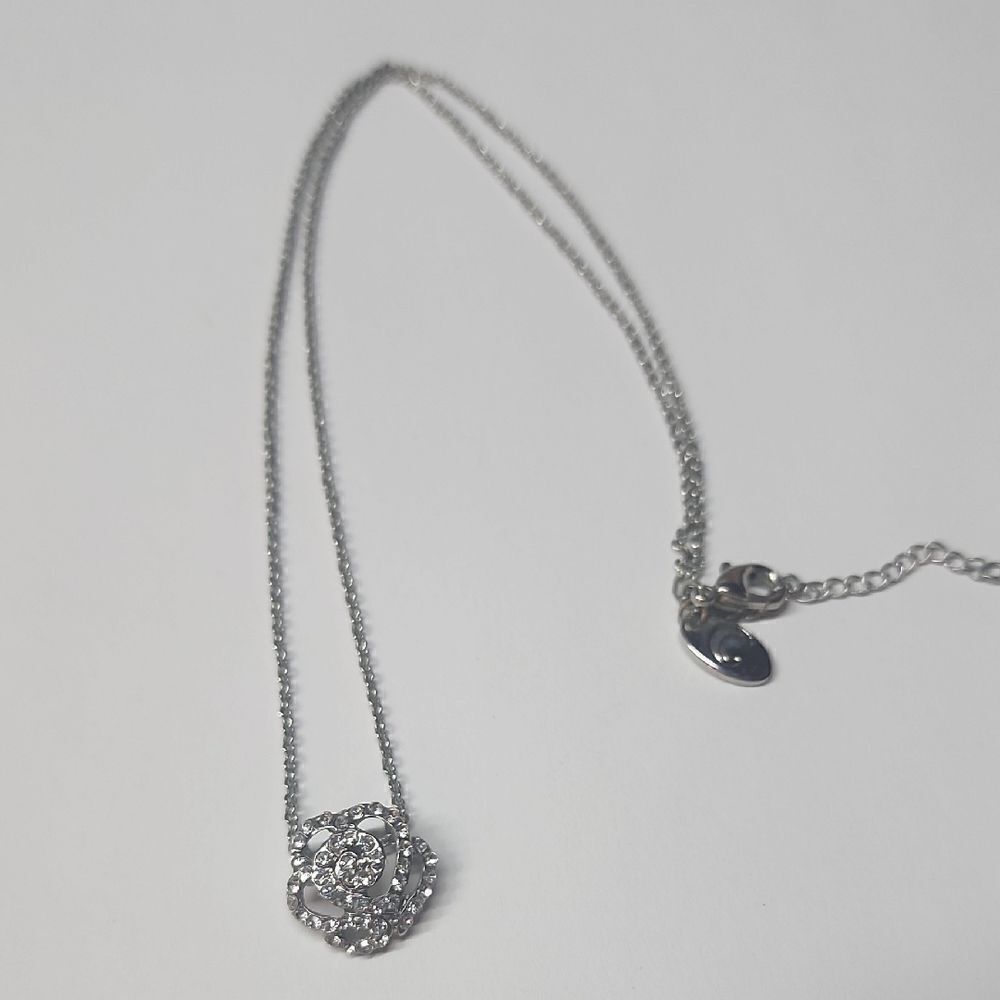 Charming Charlie Silver Necklace with Rose Rhinestone Pendant